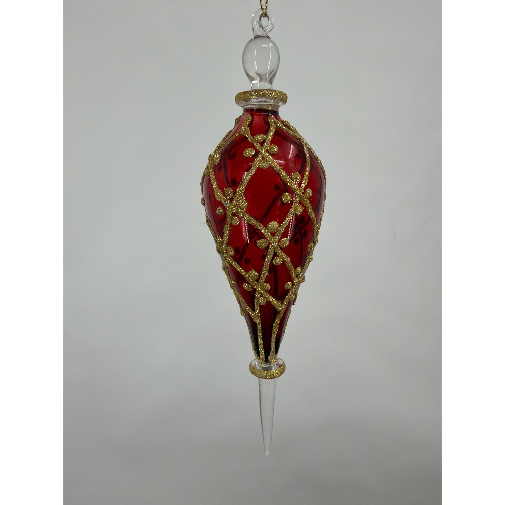 Red Glass Finial Christmas Ornament Gold Glitter Lattice Teardrop 7.5 Inch